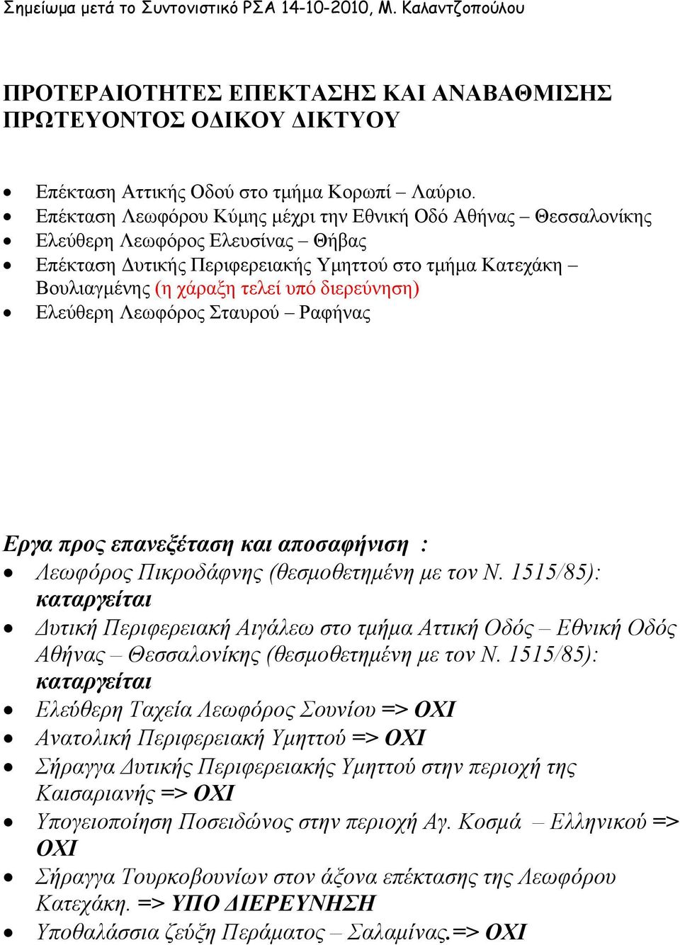 διερεύνηση) Ελεύθερη Λεωφόρος Σταυρού Ραφήνας Εργα προς επανεξέταση και αποσαφήνιση : Λεωφόρος Πικροδάφνης (θεσμοθετημένη με τον Ν.