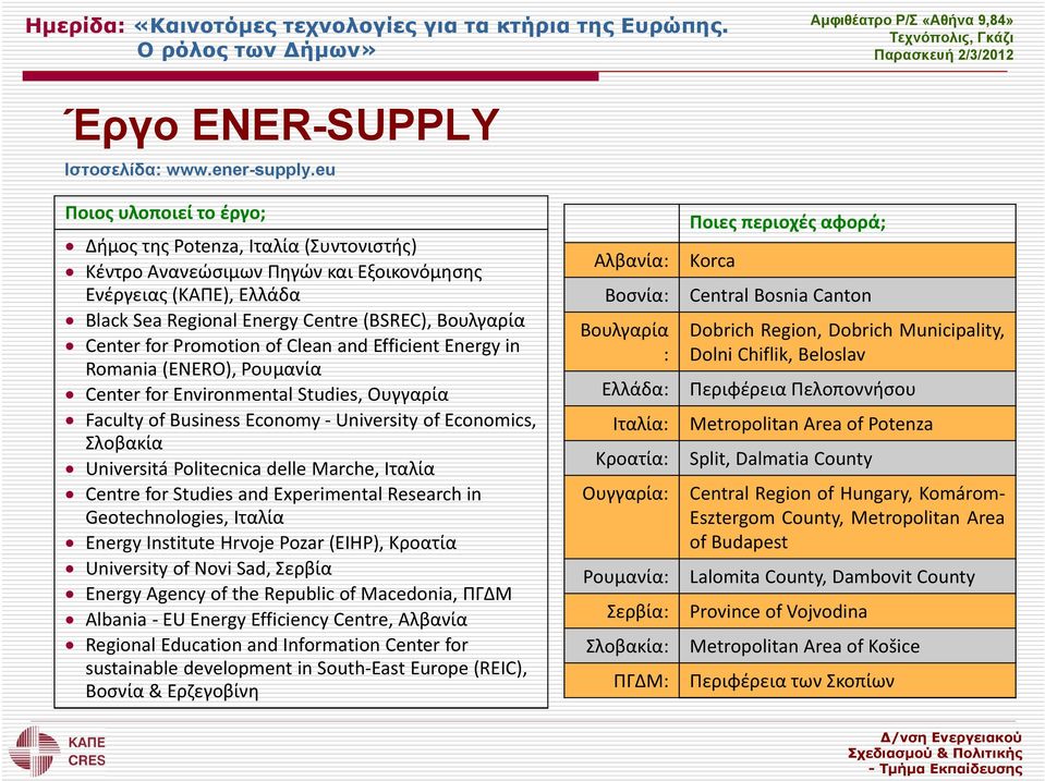 Promotion of Clean and Efficient Energy in Romania (ENERO), Ρουμανία Center for Environmental Studies, Ουγγαρία Faculty of Business Economy University of Economics, Σλοβακία Universitá Politecnica