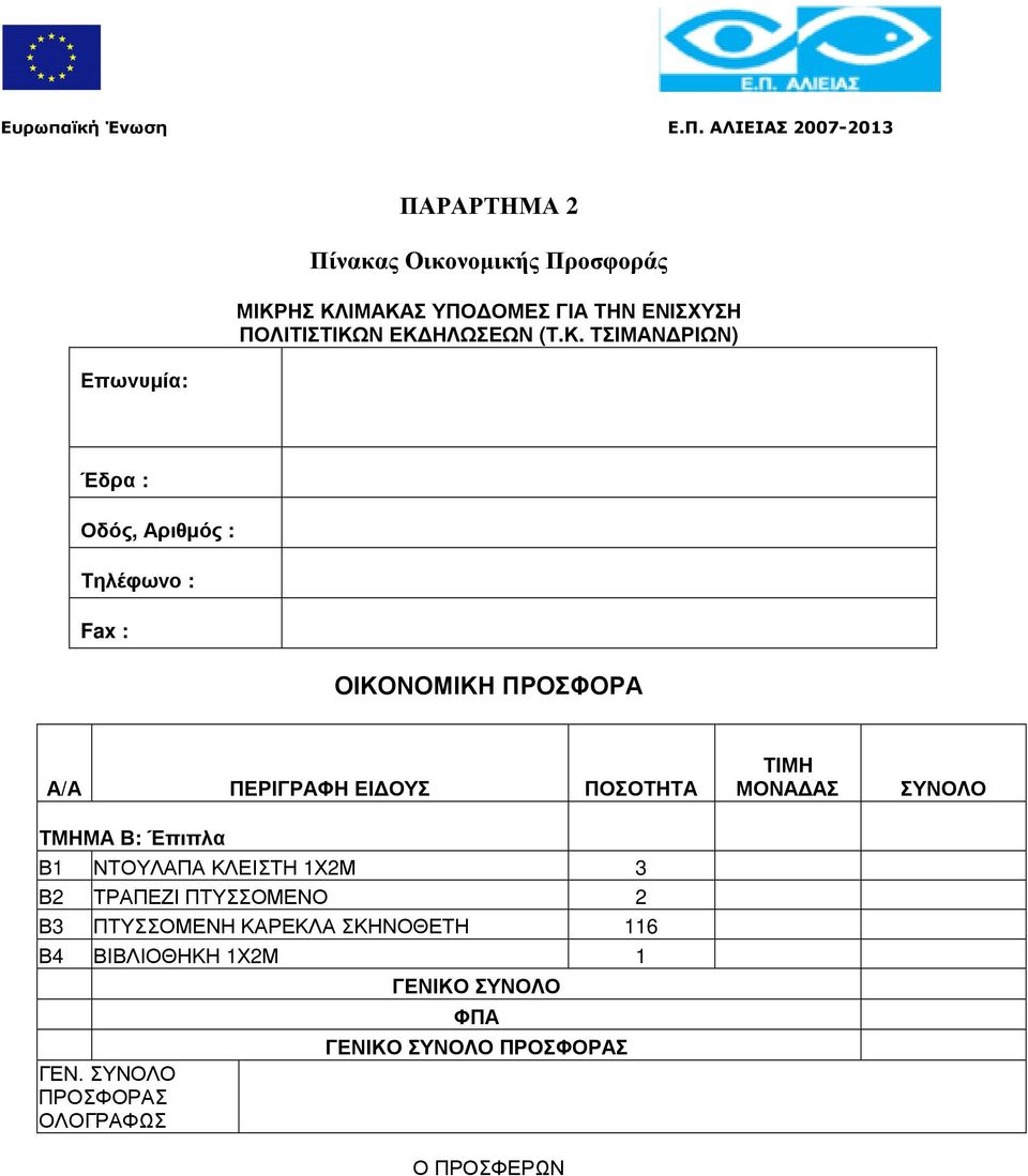 ΤΣΙΜΑΝ ΡΙΩΝ) Έδρα : Οδός, Αριθµός : Τηλέφωνο : Fax : ΟΙΚΟΝΟΜΙΚΗ ΠΡΟΣΦΟΡΑ Α/Α ΠΕΡΙΓΡΑΦΗ ΕΙ ΟΥΣ ΠΟΣΟΤΗΤΑ ΤΜΗΜΑ Β: