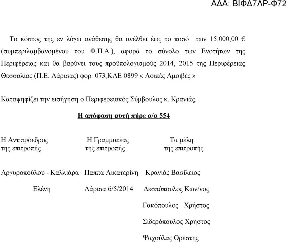 073,ΚΑΕ 0899 «Λοιπές Αμοιβές» Καταψηφίζει την εισήγηση ο Περιφερειακός Σύμβουλος κ. Κρανιάς.