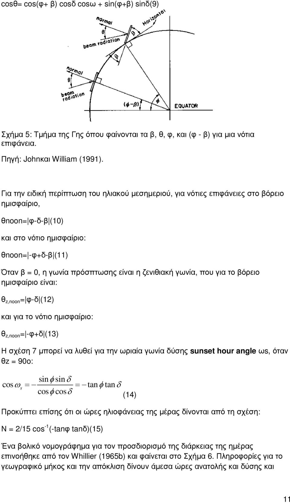 ζενιθιακή γωνία, που για το βόρειο ηµισφαίριο είναι: θ z,noon = φ-δ (12) και για το νότιο ηµισφαίριο: θ z,noon = -φ+δ (13) Η σχέση 7 µπορεί να λυθεί για την ωριαία γωνία δύσης sunset hour angle ωs,