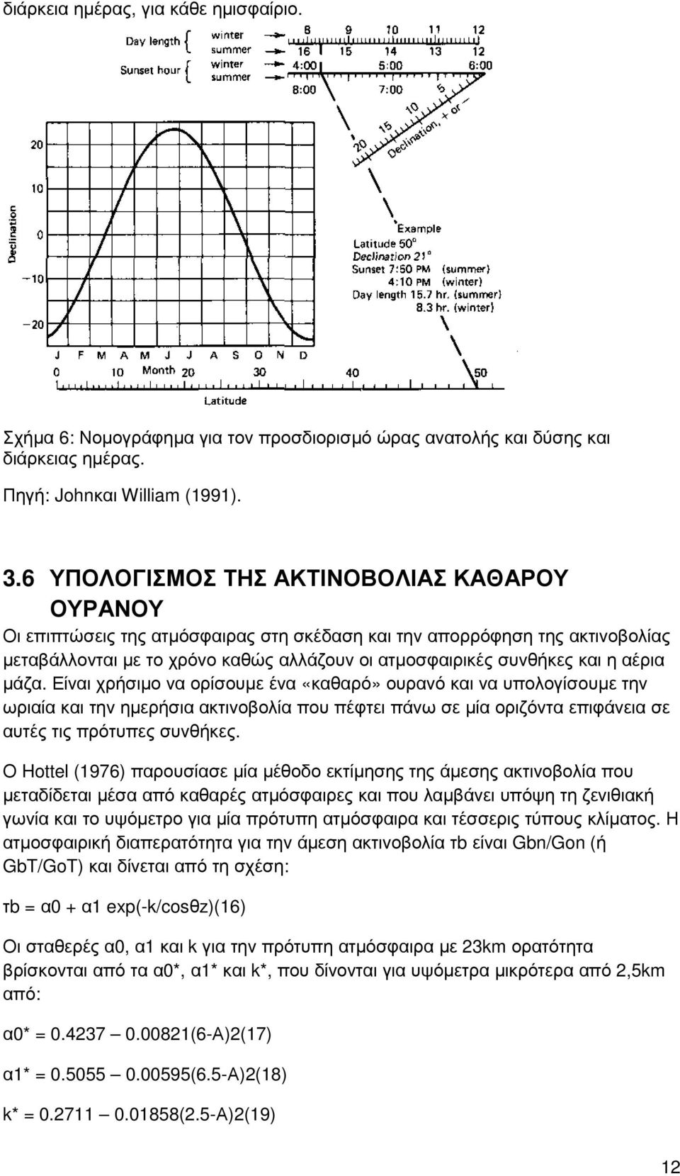 αέρια µάζα. Είναι χρήσιµο να ορίσουµε ένα «καθαρό» ουρανό και να υπολογίσουµε την ωριαία και την ηµερήσια ακτινοβολία που πέφτει πάνω σε µία οριζόντα επιφάνεια σε αυτές τις πρότυπες συνθήκες.