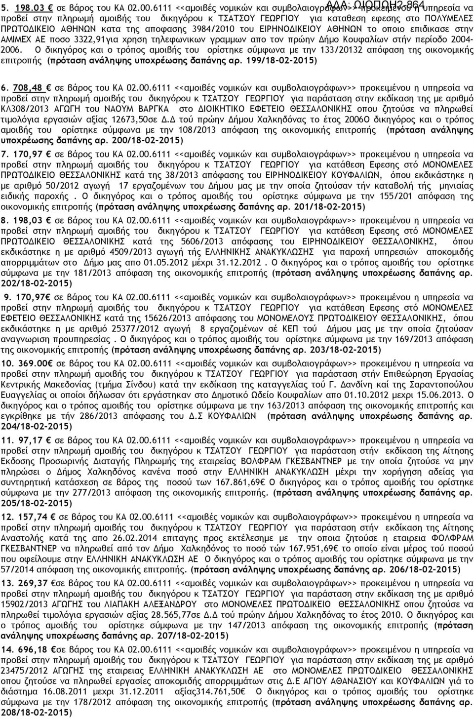 αποφασης 3984/2010 του ΕΙΡΗΝΟ ΙΚΕΙΟΥ ΑΘΗΝΩΝ το οποιο επιδικασε στην ΑΜΙΜΕΧ ΑΕ ποσο 3322,91για χρηση τηλεφωνικων γραµµων απο τον πρώην ήµο Κουφαλίων στήν περίοδο 2004-2006.