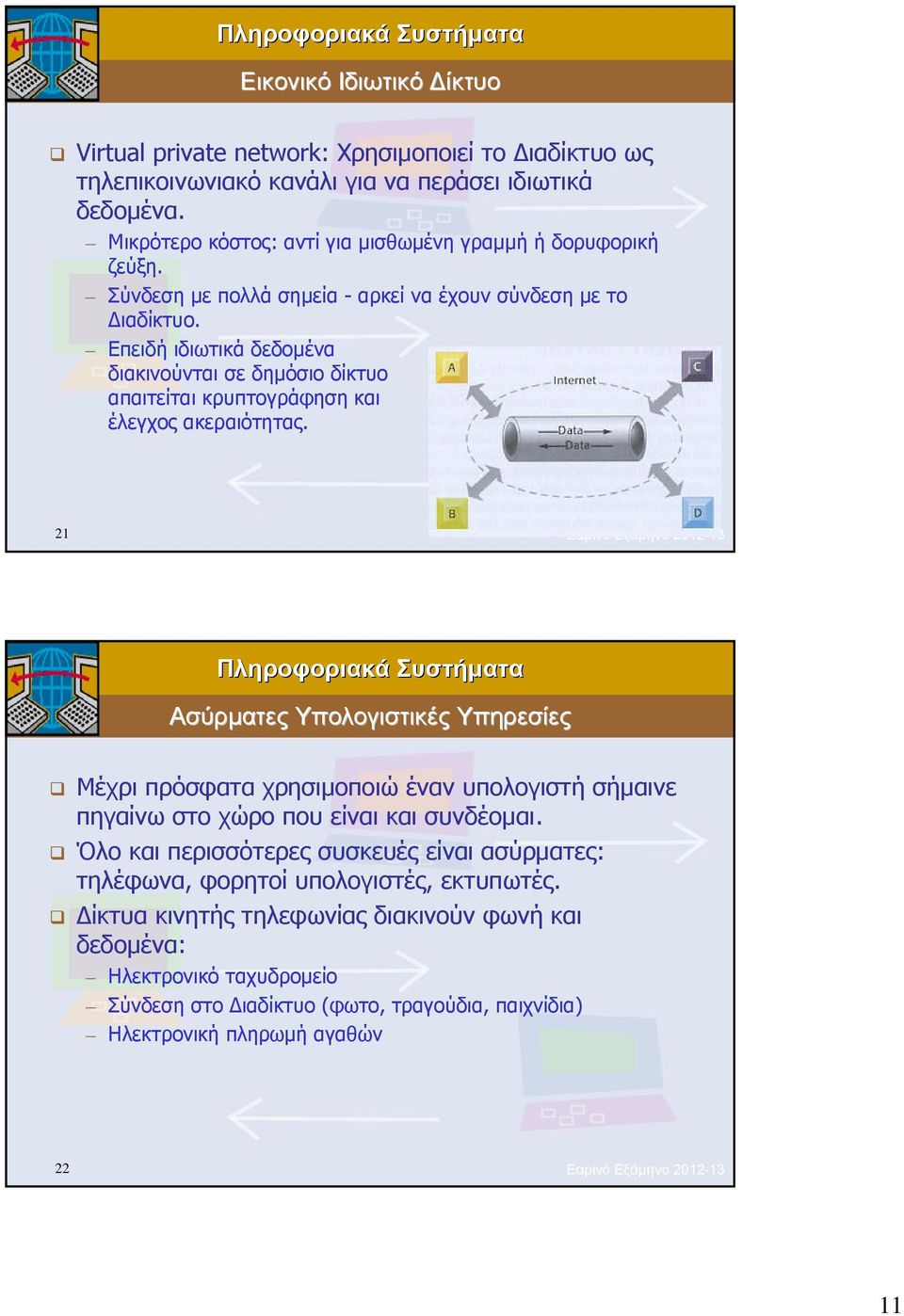 21 Εαρινό Εξάμηνο 2012-13 Ασύρματες Υπολογιστικές Υπηρεσίες Μέχρι πρόσφατα χρησιμοποιώ έναν υπολογιστή σήμαινε πηγαίνω στο χώρο που είναι και συνδέομαι.