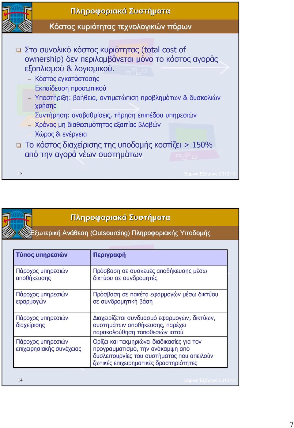 Χώρος & ενέργεια Το κόστος διαχείρισης της υποδομής κοστίζει > 150% απότηναγοράνέωνσυστημάτων 13 Εαρινό Εξάμηνο 2012-13 Εξωτερική Ανάθεση (Outsourcing) Πληροφοριακής Υποδομής Τύπος υπηρεσιών Πάροχος