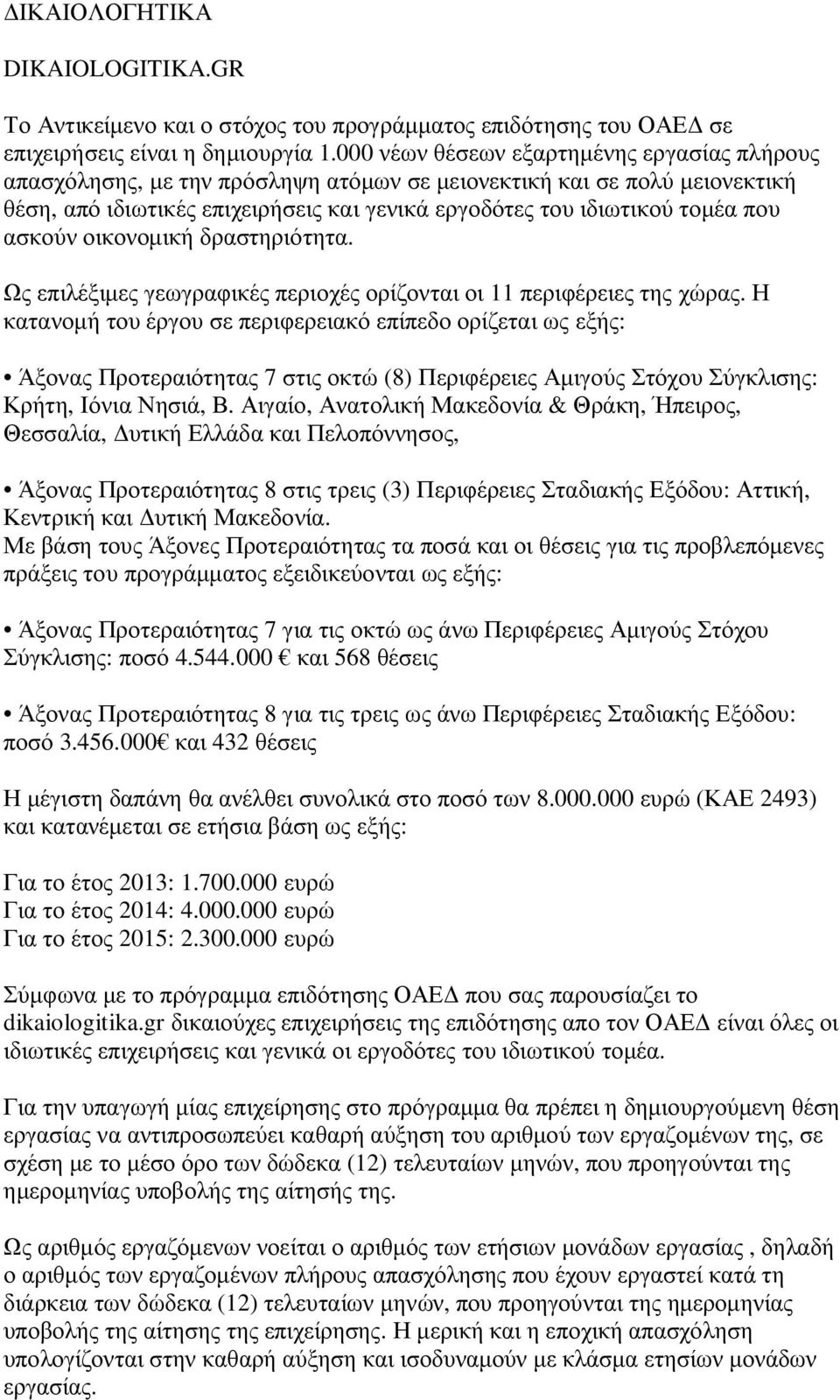 ασκούν οικονομική δραστηριότητα. Ως επιλέξιμες γεωγραφικές περιοχές ορίζονται οι 11 περιφέρειες της χώρας.
