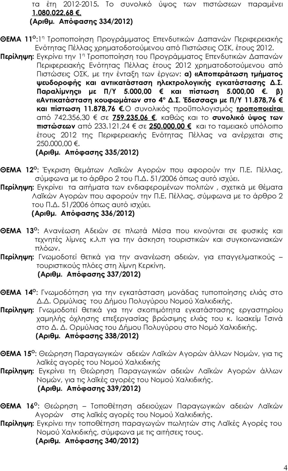 Περίληψη: Εγκρίνει την 1 η Τροποποίηση του Προγράμματος Επενδυτικών Δαπανών Περιφερειακής Ενότητας Πέλλας έτους 2012 χρηματοδοτούμενου από Πιστώσεις ΟΣΚ, με την ένταξη των έργων: α) «Αποπεράτωση