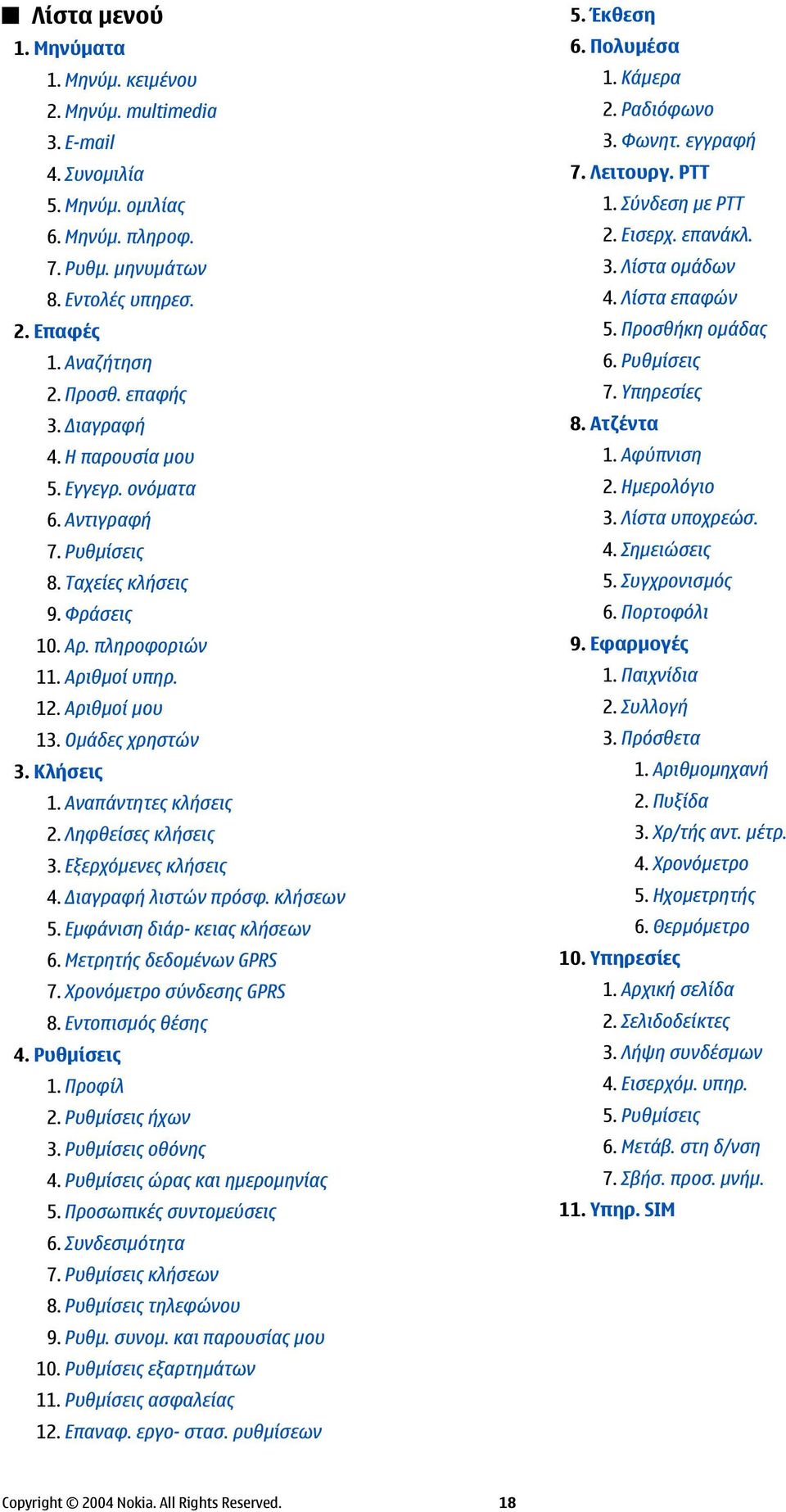 Αναπάντητες κλήσεις 2. Ληφθείσες κλήσεις 3. Εξερχόμενες κλήσεις 4. Διαγραφή λιστών πρόσφ. κλήσεων 5. Εμφάνιση διάρ- κειας κλήσεων 6. Μετρητής δεδομένων GPRS 7. Χρονόμετρο σύνδεσης GPRS 8.