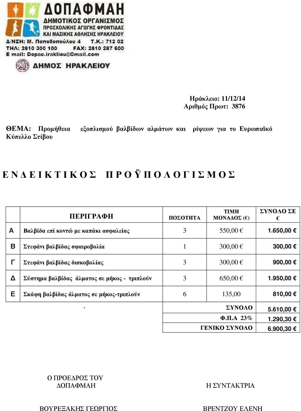 650,00 Β Στεφάνι βαλβίδας σφαιροβολία 1 300,00 300,00 Γ Στεφάνι βαλβίδας δισκοβολίας 3 300,00 900,00 Δ Σύστημα