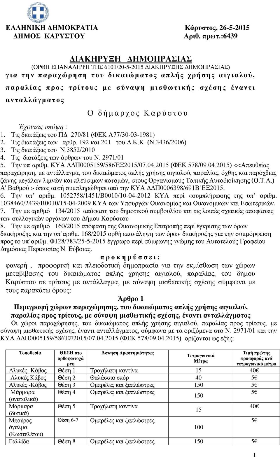 τικής σχέ σης έναντι αντα λ λάγματος Ο δ ή μ α ρ χ ο ς Κ α ρ ύ σ τ ο υ Έχοντας υπόψη : 1. Τις διατάξεις του ΠΔ 270/81 (ΦΕΚ Α77/30-03-1981) 2. Τις διατάξεις των αρθρ. 192 και 201 του Δ.Κ.Κ. (Ν.