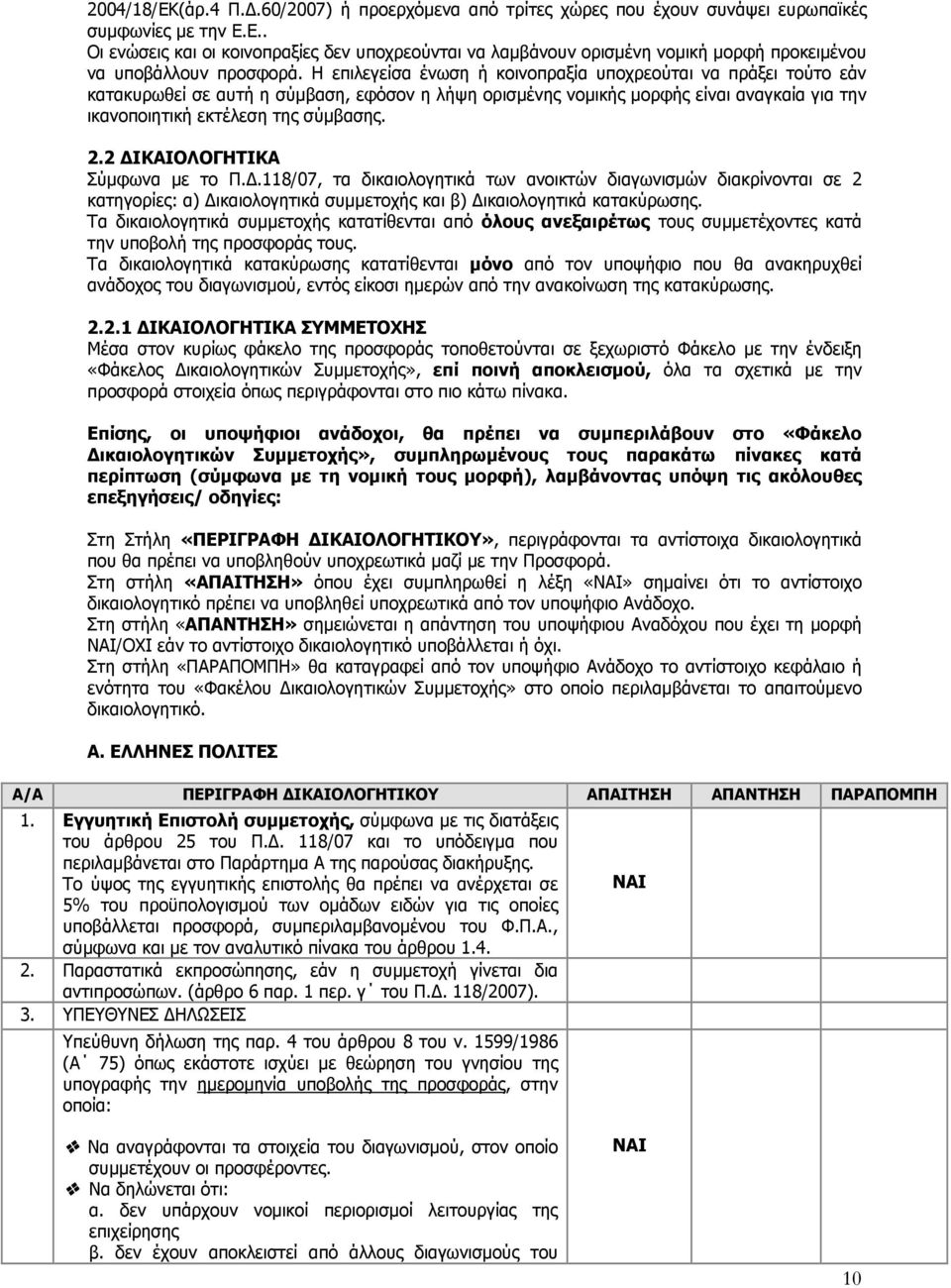 2 ΔΙΚΑΙΟΛΟΓΗΤΙΚΑ Σύμφωνα με το Π.Δ.118/07, τα δικαιολογητικά των ανοικτών διαγωνισμών διακρίνονται σε 2 κατηγορίες: α) Δικαιολογητικά συμμετοχής και β) Δικαιολογητικά κατακύρωσης.