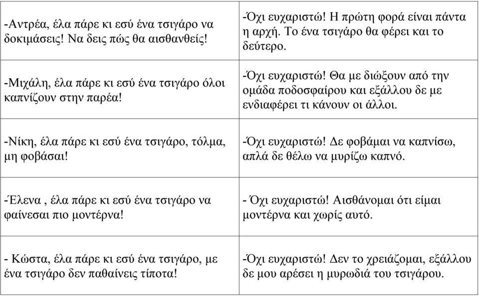 -Νίκη, έλα πάρε κι εσύ ένα τσιγάρο, τόλμα, μη φοβάσαι! -Όχι ευχαριστώ! Δε φοβάμαι να καπνίσω, απλά δε θέλω να μυρίζω καπνό. -Έλενα, έλα πάρε κι εσύ ένα τσιγάρο να φαίνεσαι πιο μοντέρνα!