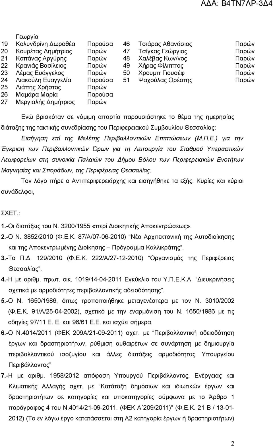 Παρών Ενώ βρισκόταν σε νόμιμη απαρτία παρουσιάστηκε το θέμα της ημερησίας διάταξης της τακτικής συνεδρίασης του Περιφερειακού Συμβουλίου Θεσσαλίας: Εισήγηση επί της Μελέτης Περιβαλλοντικών Επιπτώσεων