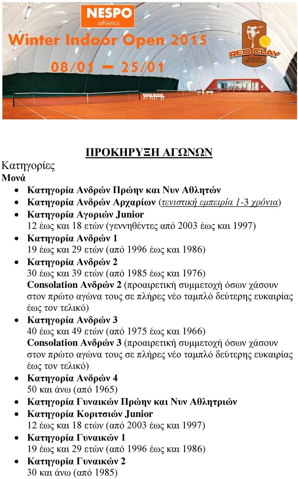 πρώτο αγώνα τους σε πλήρες νέο ταμπλό δεύτερης ευκαιρίας έως τον τελικό) Κατηγορία Ανδρών 3 40 έως και 49 ετών (από 1975 έως και 1966) Consolation Ανδρών 3 (προαιρετική συμμετοχή όσων χάσουν στον