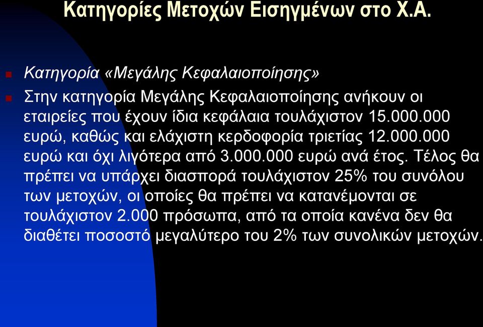 τουλάχιστον 15.000.000 ευρώ, καθώς και ελάχιστη κερδοφορία τριετίας 12.000.000 ευρώ και όχι λιγότερα από 3.000.000 ευρώ ανά έτος.