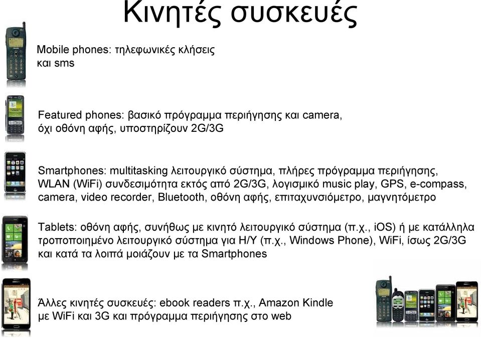 Bluetooth, οθόνη αφής, επιταχυνσιόμετρο, μαγνητόμετρο Tablets: οθόνη αφής, συνήθως με κινητό λειτουργικό σύστημα (π.χ., ios) ή με κατάλληλα τροποποιημένο λειτουργικό σύστημα για Η/Υ (π.