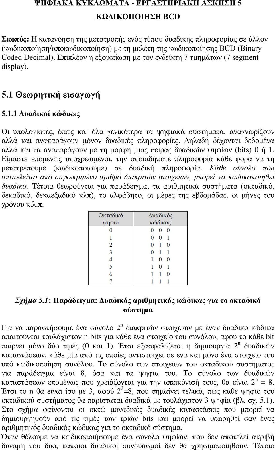 Θεωρητική εισαγωγή 5.1.1 υαδικοί κώδικες Oι υπολογιστές, όπως και όλα γενικότερα τα ψηφιακά συστήµατα, αναγνωρίζουν αλλά και αναπαράγουν µόνον δυαδικές πληροφορίες.