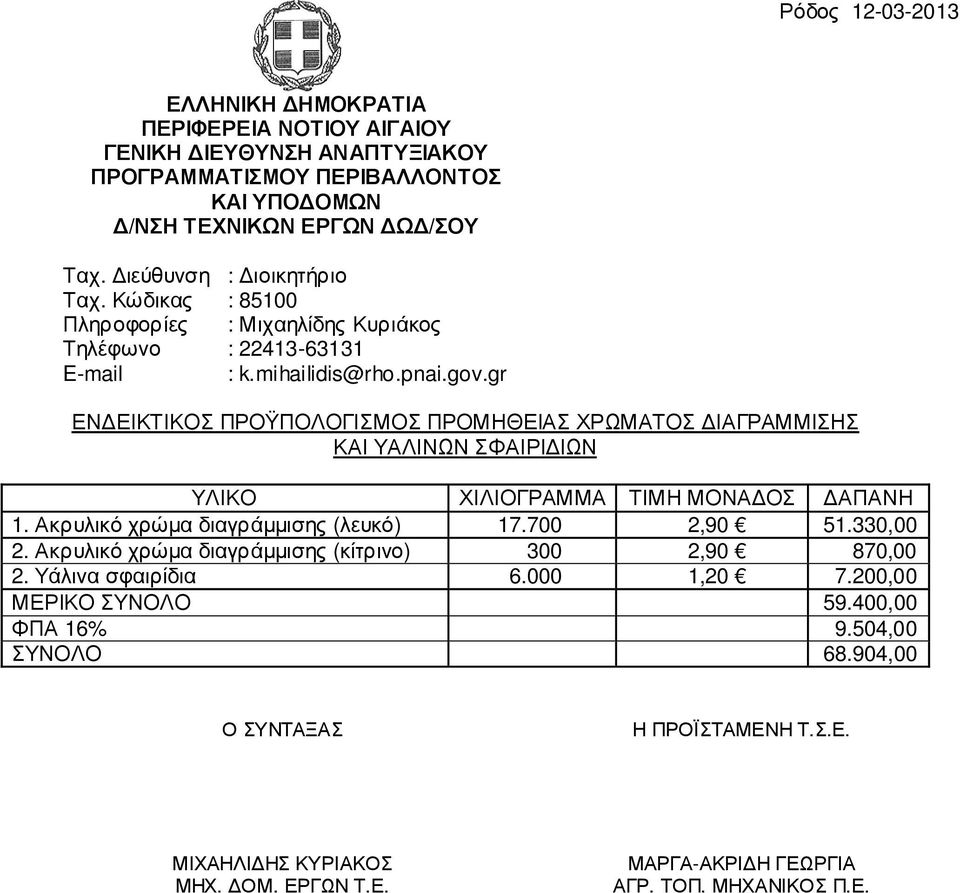 gr ΕΝ ΕΙΚΤΙΚΟΣ ΠΡΟΫΠΟΛΟΓΙΣΜΟΣ ΠΡΟΜΗΘΕΙΑΣ ΧΡΩΜΑΤΟΣ ΙΑΓΡΑΜΜΙΣΗΣ ΚΑΙ ΥΑΛΙΝΩΝ ΣΦΑΙΡΙ ΙΩΝ ΥΛΙΚΟ ΧΙΛΙΟΓΡΑΜΜΑ ΤΙΜΗ ΜΟΝΑ ΟΣ ΑΠΑΝΗ 1. Ακρυλικό χρώµα διαγράµµισης (λευκό) 17.700 2,90 51.330,00 2.