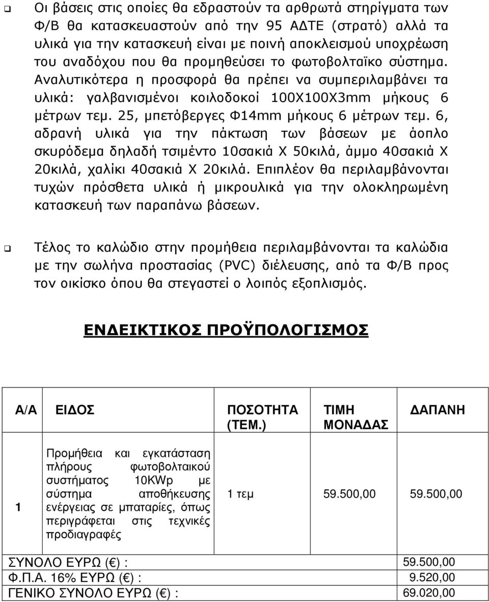 25, µπετόβεργες Φ14mm µήκους 6 µέτρων τεµ. 6, αδρανή υλικά για την πάκτωση των βάσεων µε άοπλο σκυρόδεµα δηλαδή τσιµέντο 10σακιά Χ 50κιλά, άµµο 40σακιά Χ 20κιλά, χαλίκι 40σακιά Χ 20κιλά.