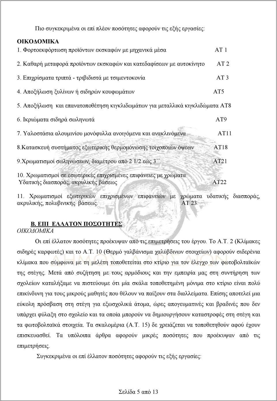 Αποξήλωση και επανατοποθέτηση κιγκλιδωμάτων για μεταλλικά κιγκλιδώματα ΑΤ8 6. Ικριώματα σιδηρά σωληνωτά ΑΤ9 7. Υαλοστάσια αλουμινίου μονόφυλλα ανοιγόμενα και ανακλινόμενα ΑΤ11 8.