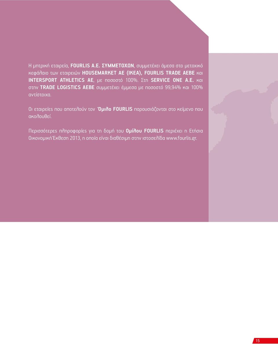 AE, µε ποσοστό 100%. Στη SERVICE ONE A.E. και στην TRADE LOGISTICS AEBE συµµετέχει έµµεσα µε ποσοστό 99,94% και 100% αντίστοιχα.