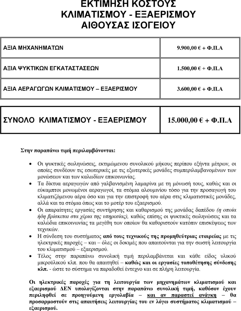 Α Στην παραπάνω τιμή περιλαμβάνονται: Οι ψυκτικές σωληνώσεις, εκτιμώμενου συνολικού μήκους περίπου εξήντα μέτρων, οι οποίες συνδέουν τις εσωτερικές με τις εξωτερικές μονάδες συμπεριλαμβανομένων των