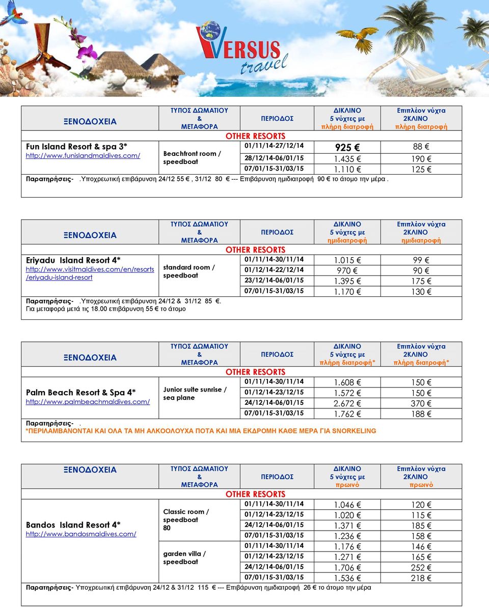 Υποχρεωτική επιβάρυνση 24/12 31/12 85. Για μεταφορά μετά τις 18.00 επιβάρυνση 55 το άτομο 01/11/14-30/11/14 1.015 99 01/12/14-22/12/14 970 90 23/12/14-06/01/15 1.395 175 07/01/15-31/03/15 1.