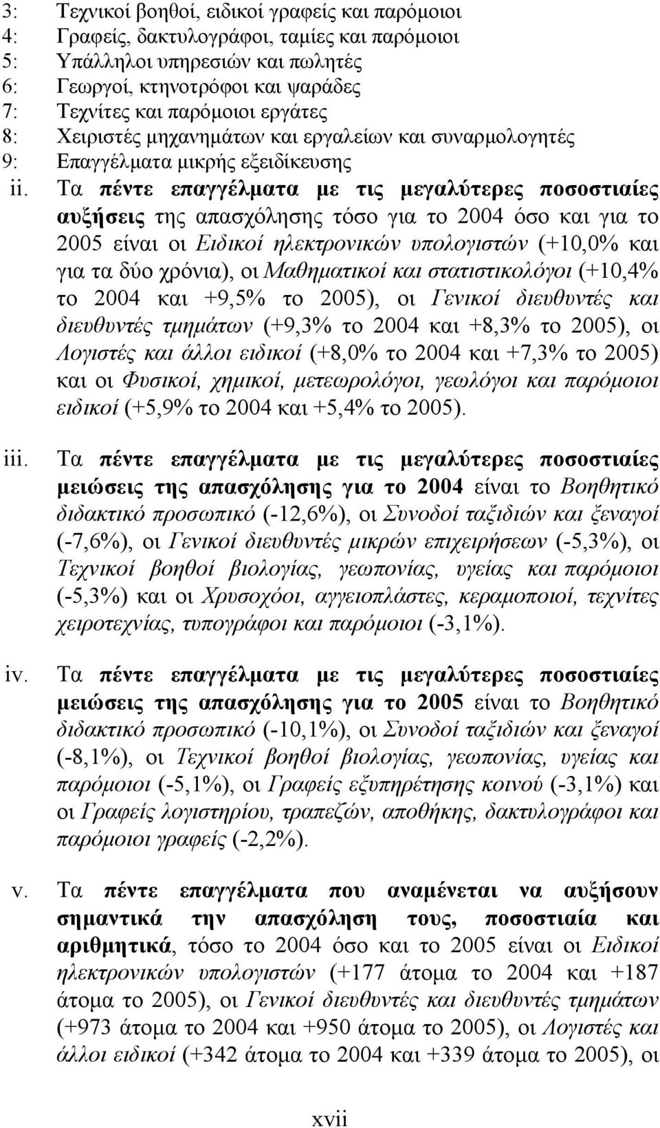 Τα πέντε επαγγέλµατα µε τις µεγαλύτερες ποσοστιαίες αυξήσεις της απασχόλησης τόσο για το 2004 όσο και για το 2005 είναι οι Ειδικοί ηλεκτρονικών υπολογιστών (+10,0% και για τα δύο χρόνια), οι