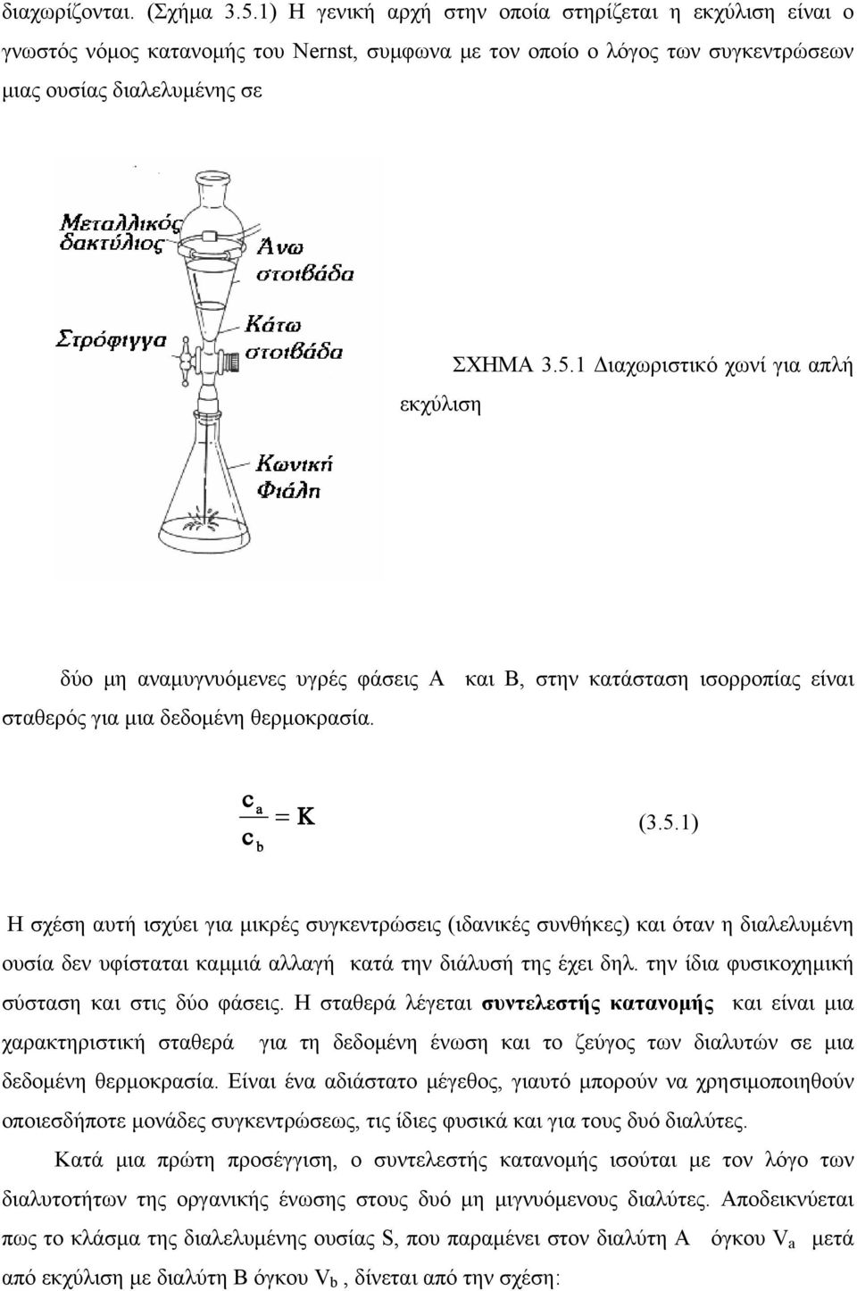 1 Διαχωριστικό χωνί για απλή δύο μη αναμυγνυόμενες υγρές φάσεις Α και Β, στην κατάσταση ισορροπίας είναι σταθερός για μια δεδομένη θερμοκρασία. c c a b = K (3.5.