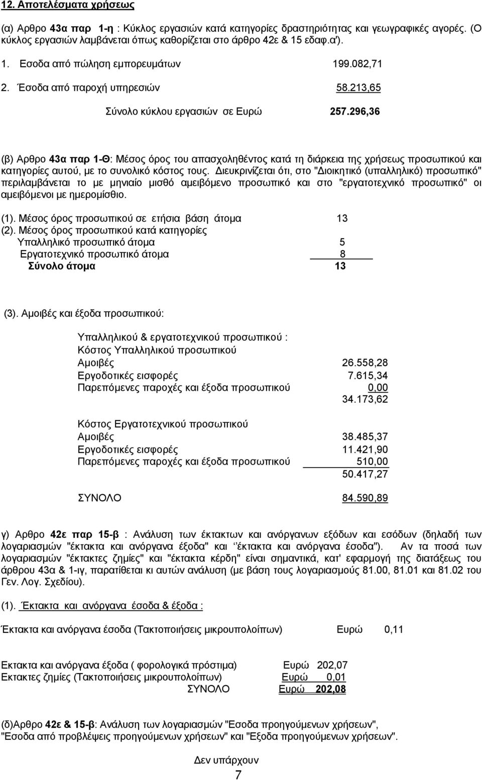 296,36 (β) Αρθρο 43α παρ 1-Θ: Μέσος όρος του απασχοληθέντος κατά τη διάρκεια της χρήσεως προσωπικού και κατηγορίες αυτού, µε το συνολικό κόστος τους.