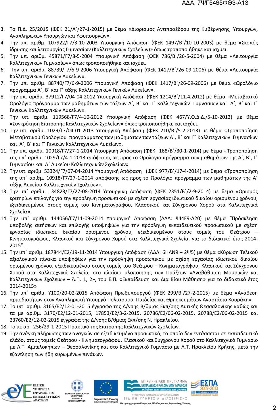 587/Γ7/8-5-00 Υπουργική Απόφαση (ΦΕΚ 786/Β /6-5-00) με θέμα «Λειτουργία Καλλιτεχνικών Γυμνασίων» όπως τροποποιήθηκε και ισχύει. 6. Την υπ. αριθμ.