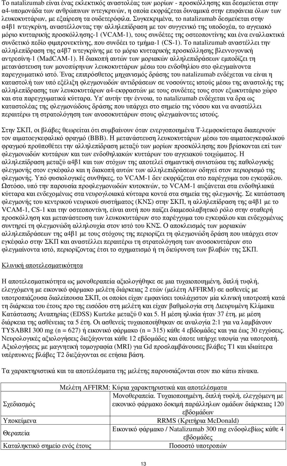 Συγκεκριμένα, το natalizumab δεσμεύεται στην α4β1 ιντεγκρίνη, αναστέλλοντας την αλληλεπίδραση με τον συγγενικό της υποδοχέα, το αγγειακό μόριο κυτταρικής προσκόλλησης-1 (VCAM-1), τους συνδέτες της