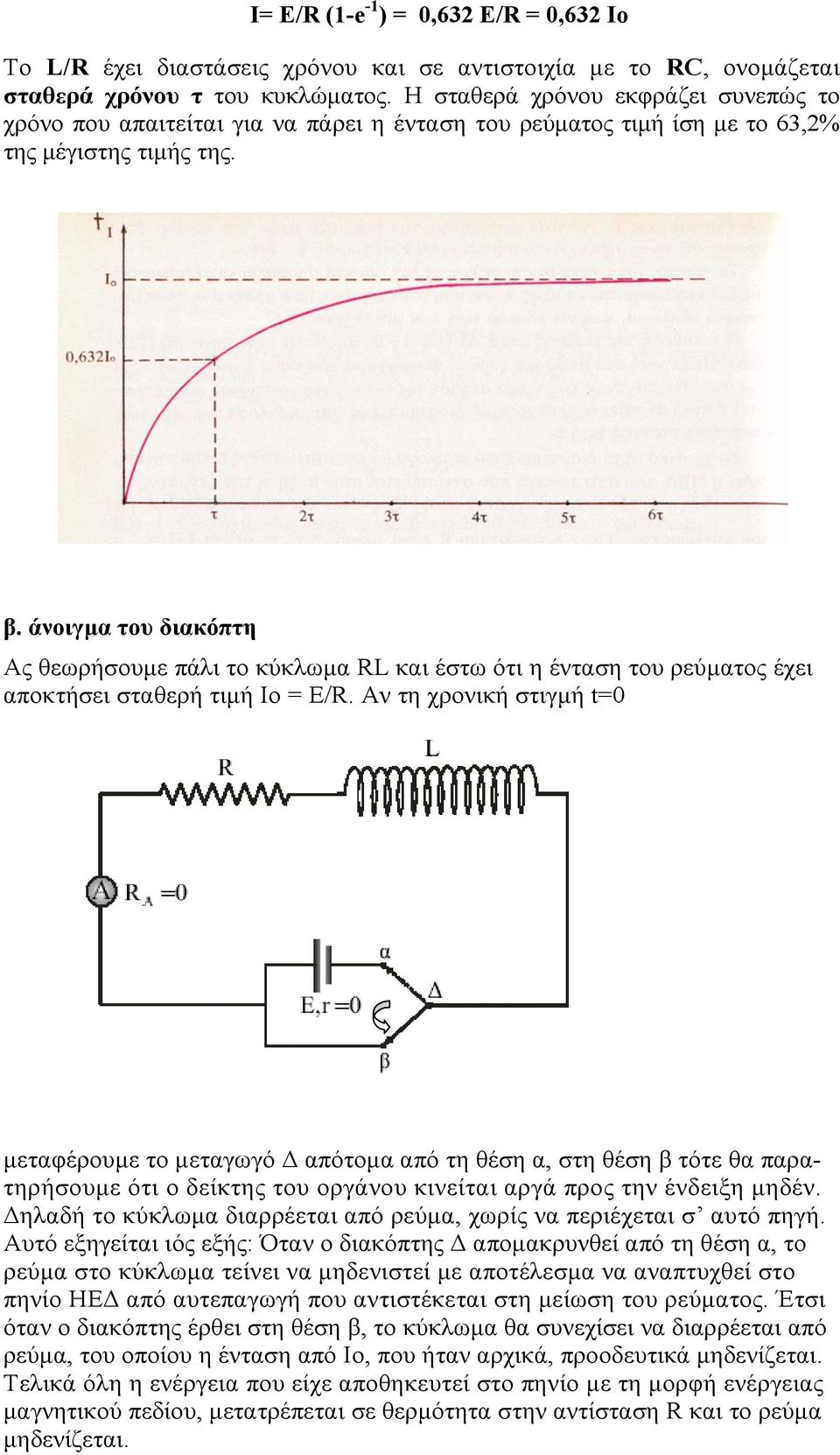 άνοιγµα του διακόπτη Ας θεωρήσουµε πάλι το κύκλωµα RL και έστω ότι η ένταση του ρεύµατος έχει αποκτήσει σταθερή τιµή Io = E/R.