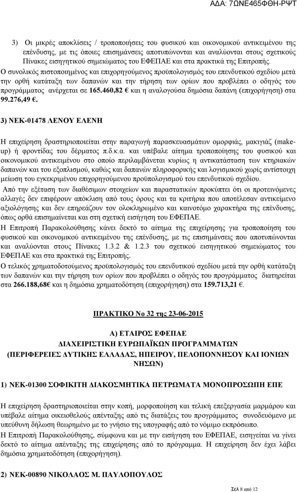 Ο συνολικός πιστοποιημένος και επιχορηγούμενος προϋπολογισμός του επενδυτικού σχεδίου μετά την ορθή κατάταξη των δαπανών και την τήρηση των ορίων που προβλέπει ο οδηγός του προγράμματος ανέρχεται σε