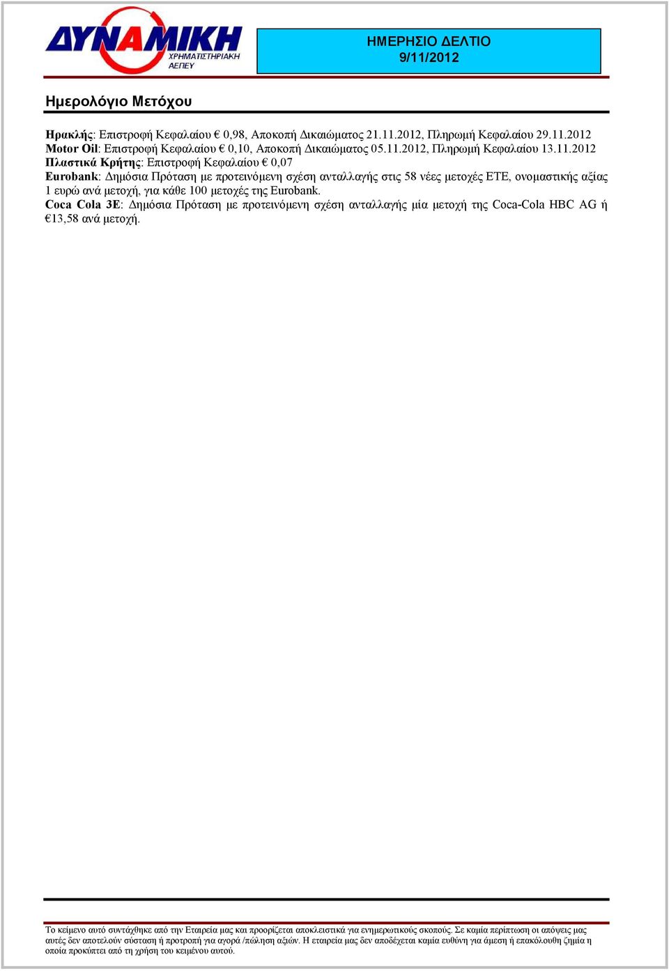 2012 Motor Oil: Επιστροφή Κεφαλαίου 0,10, Αποκοπή ικαιώµατος 05.11.