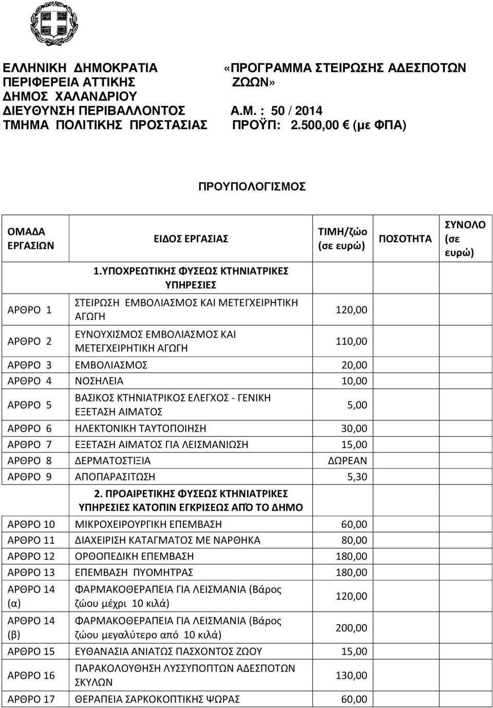 ΥΠΟΧΡΕΩΤΙΚΗΣ ΦΥΣΕΩΣ ΚΤΗΝΙΑΤΡΙΚΕΣ ΥΠΗΡΕΣΙΕΣ ΣΤΕΙΡΩΣΗ ΕΜΒΟΛΙΑΣΜΟΣ ΚΑΙ ΜΕΤΕΓΧΕΙΡΗΤΙΚΗ ΑΓΩΓΗ ΕΥΝΟΥΧΙΣΜΟΣ ΕΜΒΟΛΙΑΣΜΟΣ ΚΑΙ ΜΕΤΕΓΧΕΙΡΗΤΙΚΗ ΑΓΩΓΗ ΤΙΜΗ/ζώο (σε ευρώ) 120,00 110,00 ΑΡΘΡΟ 3 ΕΜΒΟΛΙΑΣΜΟΣ 20,00
