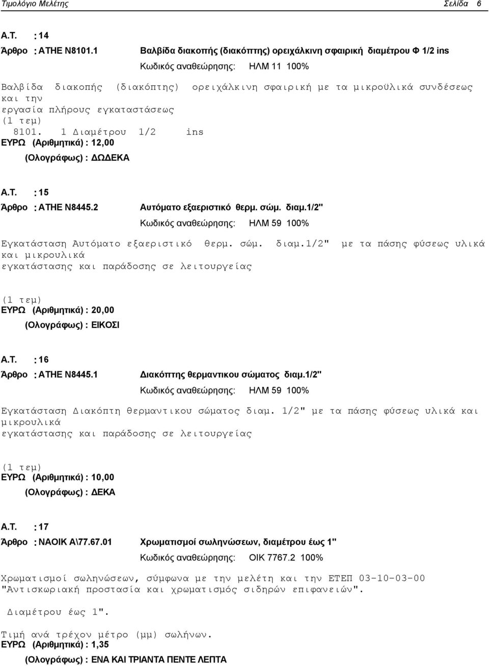 πλήρους εγκαταστάσεως 8101. 1 Διαμέτρου 1/2 ins ΕΥΡΩ (Αριθμητικά) : 12,00 (Ολογράφως) : ΔΩΔΕΚΑ Α.Τ. : 15 Άρθρο : ΑΤΗΕ Ν8445.2 Αυτόματο εξαεριστικό θερμ. σώμ. διαμ.