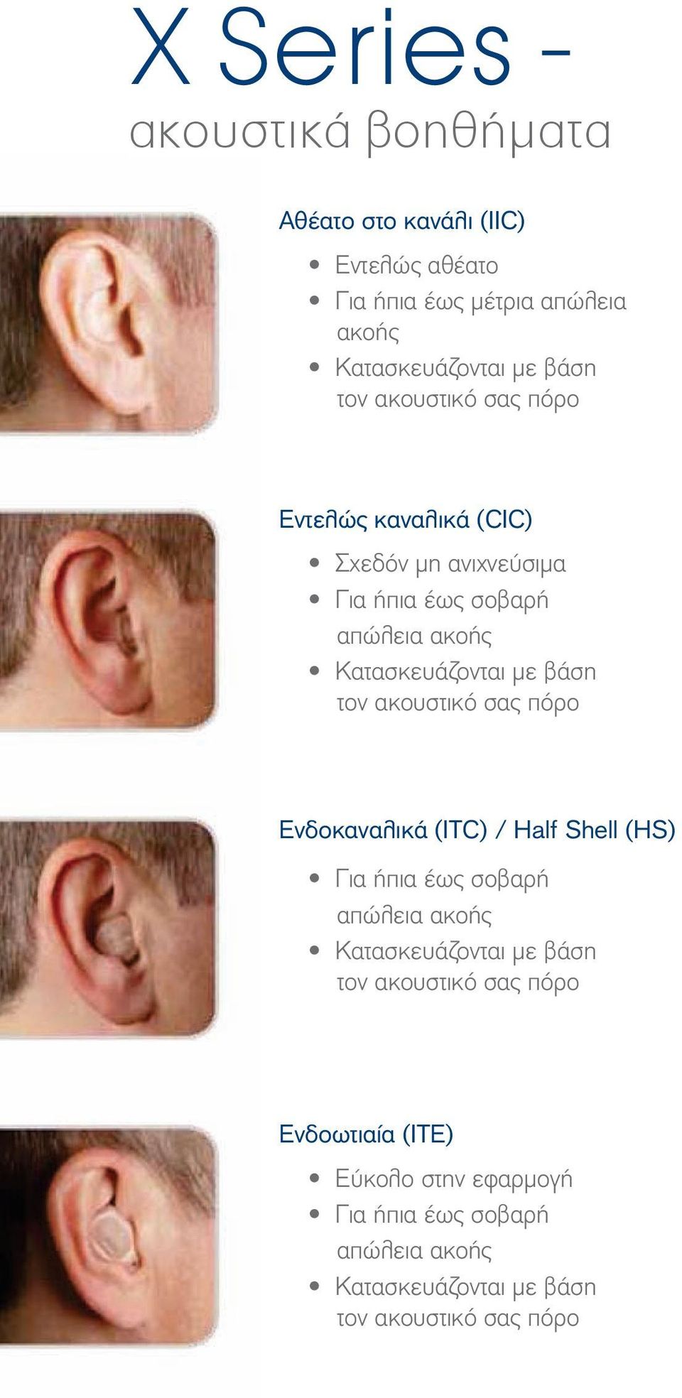 τον ακουστικό σας πόρο Ενδοκαναλικά (ITC) / Half Shell (HS) Για ήπια έως σοβαρή απώλεια ακοής Κατασκευάζονται με βάση τον