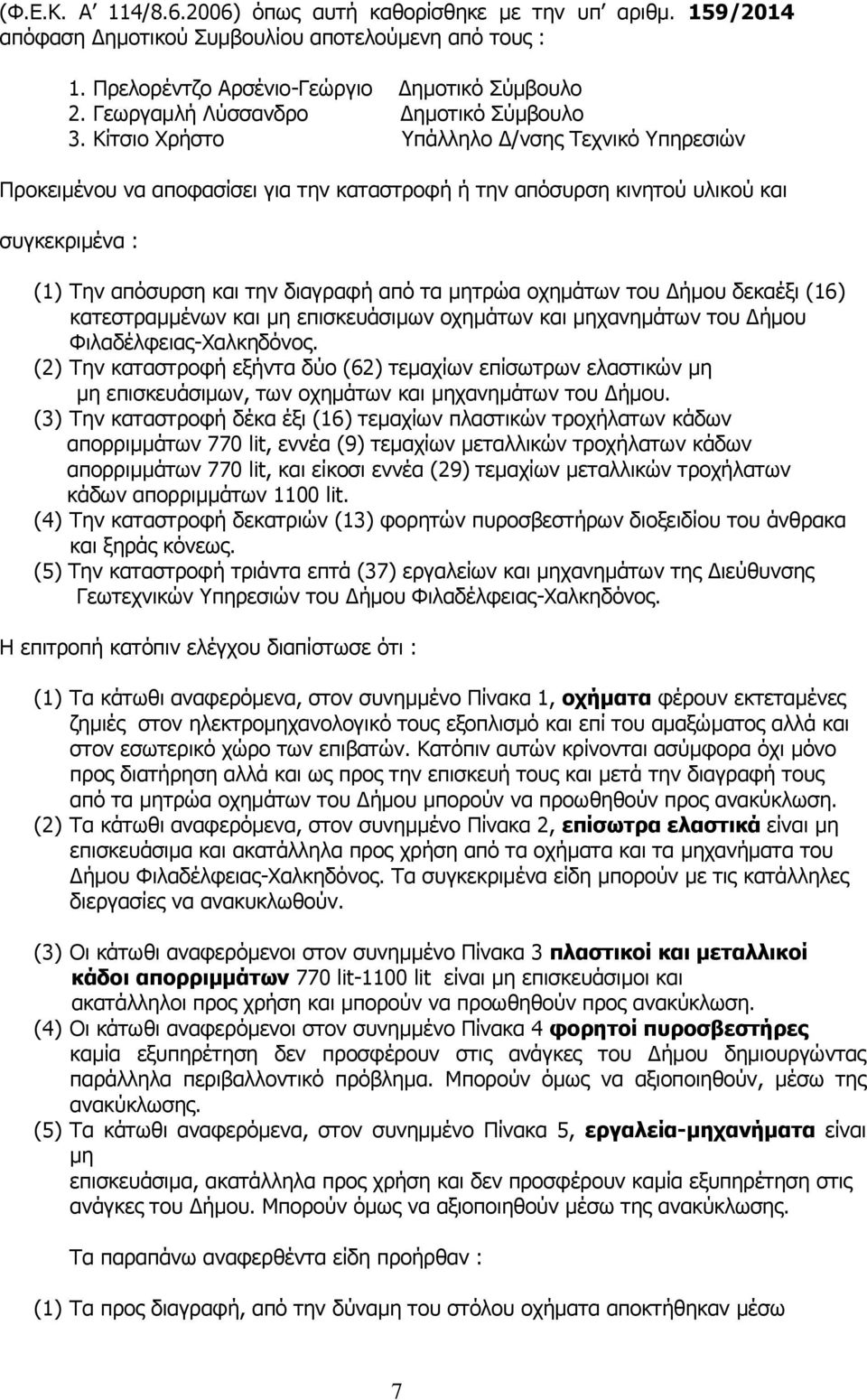 Κίτσιο Χρήστο Υπάλληλο Δ/νσης Τεχνικό Υπηρεσιών Προκειμένου να αποφασίσει για την καταστροφή ή την απόσυρση κινητού υλικού και συγκεκριμένα : (1) Την απόσυρση και την διαγραφή από τα μητρώα οχημάτων