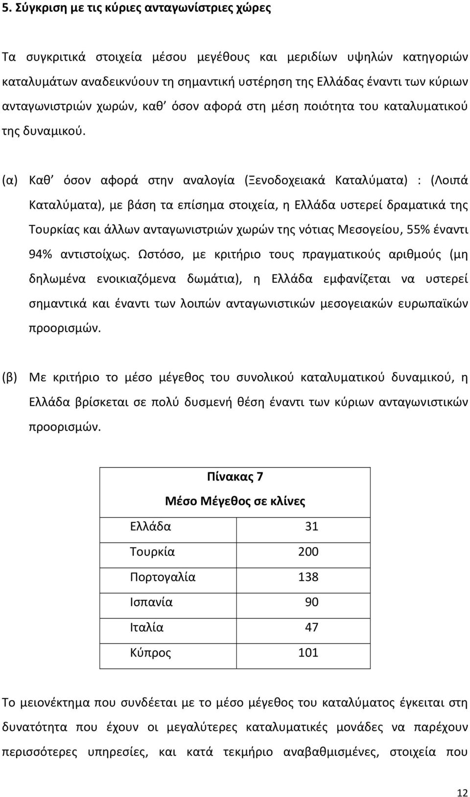 (α) Καθ όσον αφορά στην αναλογία (Ξενοδοχειακά Καταλύματα) : (Λοιπά Καταλύματα), με βάση τα επίσημα στοιχεία, η Ελλάδα υστερεί δραματικά της Τουρκίας και άλλων ανταγωνιστριών χωρών της νότιας