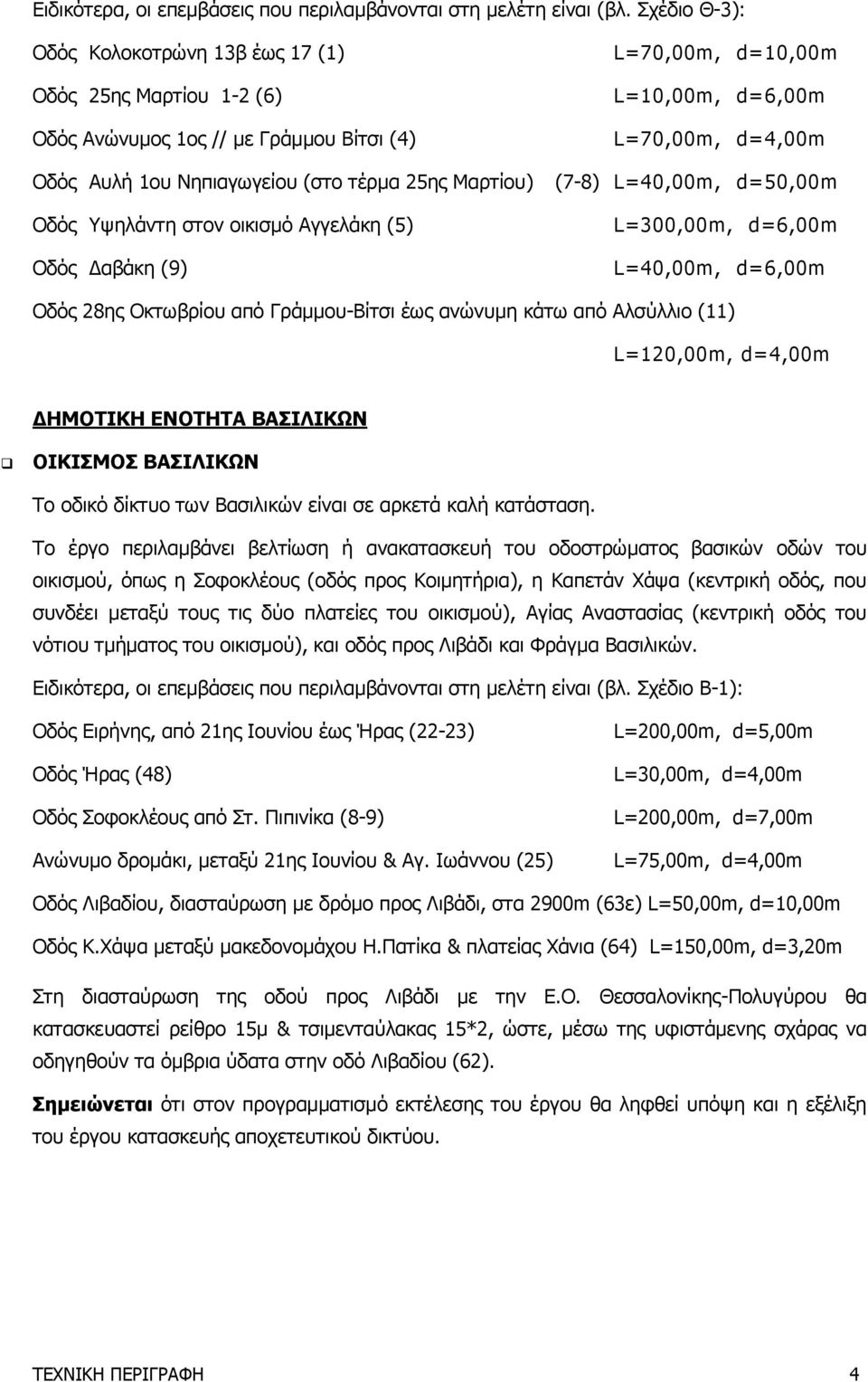 Αγγελάκη (5) Οδός Δαβάκη (9) L=70,00m, d=10,00m L=10,00m, d=6,00m L=70,00m, d=4,00m (7-8) L=40,00m, d=50,00m L=300,00m, d=6,00m L=40,00m, d=6,00m Οδός 28ης Οκτωβρίου από Γράμμου-Βίτσι έως ανώνυμη