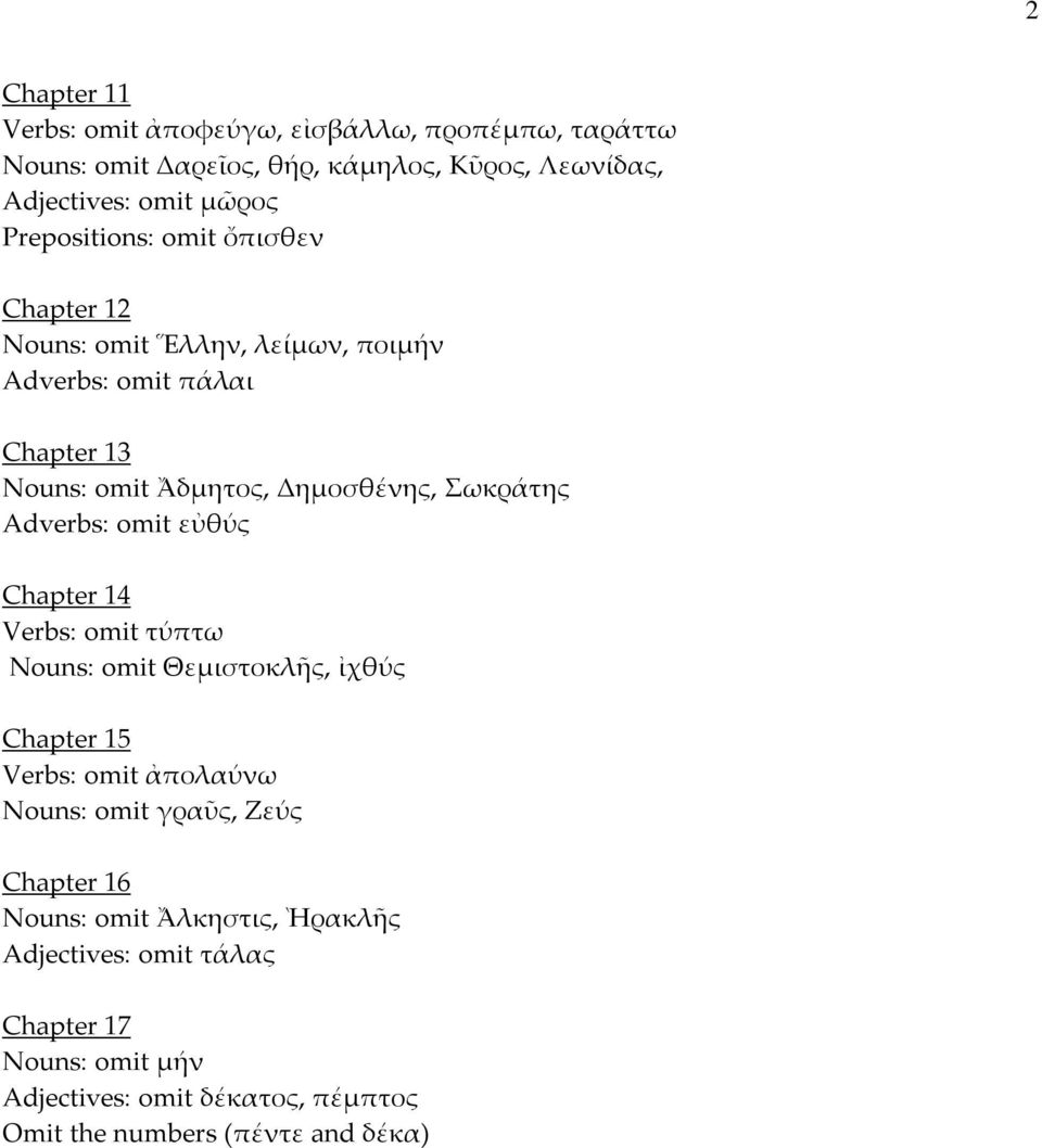 Adverbs: omit εὐθύς Chapter 14 Verbs: omit τύπτω Nouns: omit Θεμιστοκλῆς, ἰχθύς Chapter 15 Verbs: omit ἀπολαύνω Nouns: omit γραῦς, Ζεύς Chapter