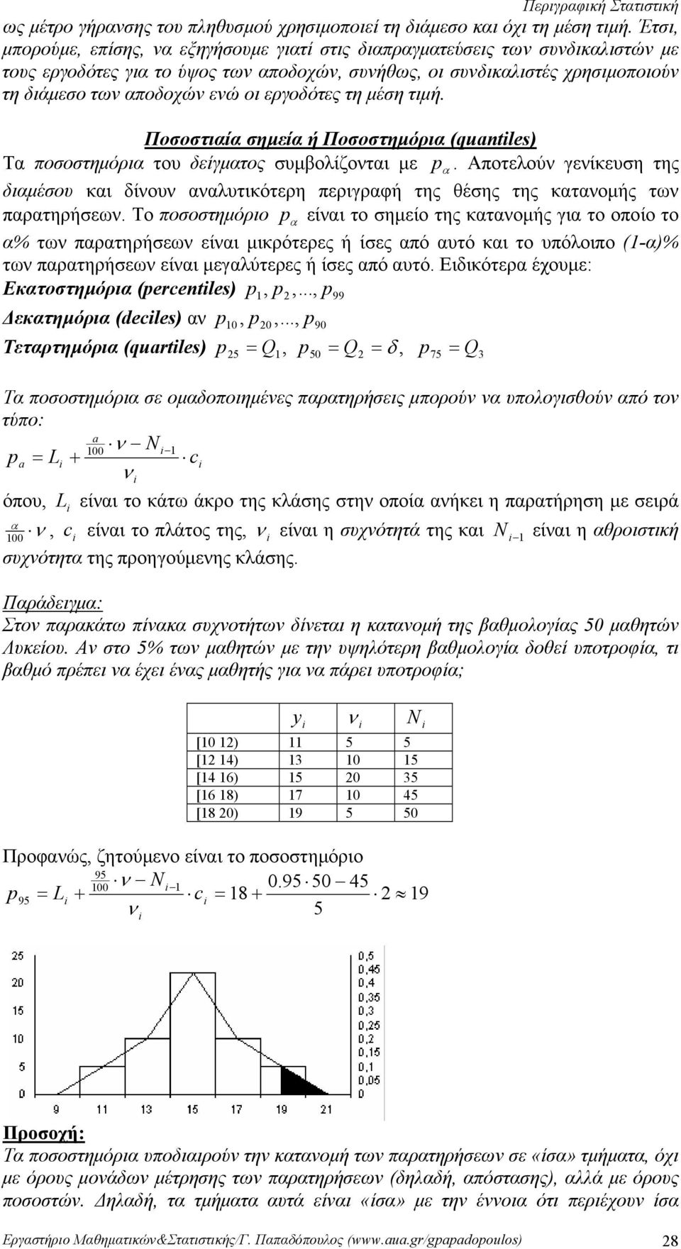 της διαμέσου και δίου ααλυτικότερη περιγραφή της θέσης της καταομής τω παρατηρήσεω Το ποσοστημόριο p α είαι το σημείο της καταομής για το οποίο το α% τω παρατηρήσεω είαι μικρότερες ή ίσες από αυτό
