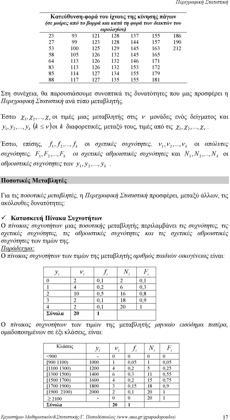 δείγματος και yk ( k ) χ, χ,, χ y, y,, οι k διαφορετικές, μεταξύ τους, τιμές από τις Έστω, επίσης, f, f,, f k οι σχετικές συχότητες,,,, k οι απόλυτες συχότητες, F, F,, Fk οι σχετικές αθροιστικές