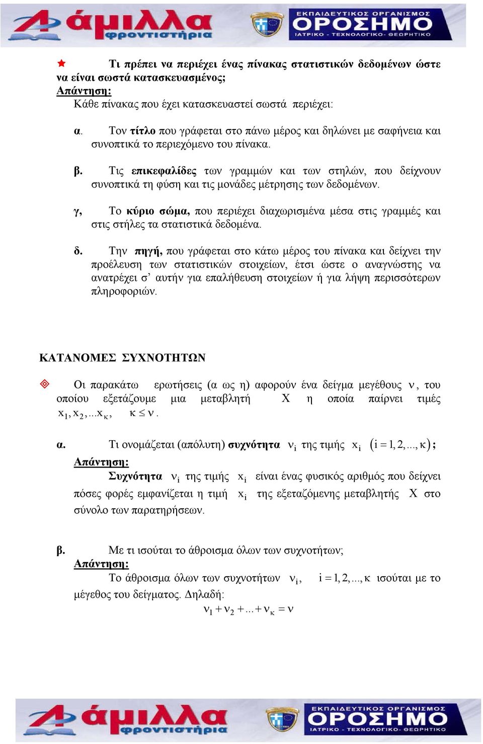 Τις επικεφαλίδες των γραμμών και των στηλών, πυ δείχνυν συνπτικά τη φύση και τις μνάδες μέτρησης των δεδμένων.