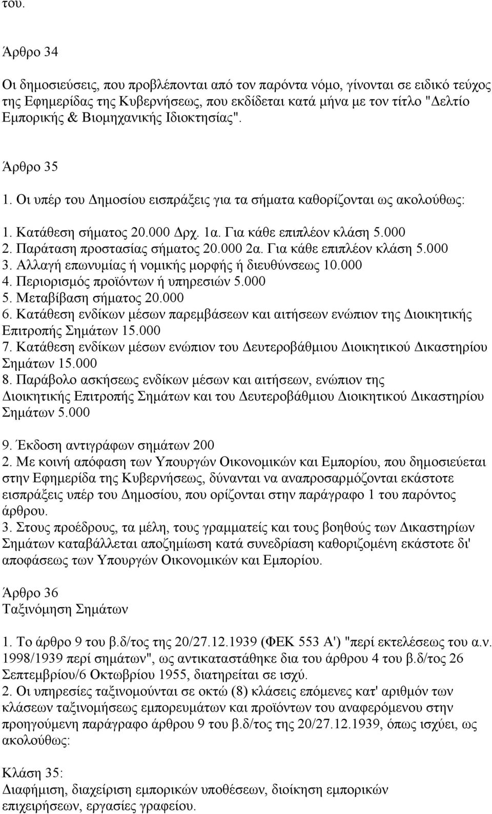 000 2α. Για κάθε επιπλέον κλάση 5.000 3. Αλλαγή επωνυµίας ή νοµικής µορφής ή διευθύνσεως 10.000 4. Περιορισµός προϊόντων ή υπηρεσιών 5.000 5. Μεταβίβαση σήµατος 20.000 6.