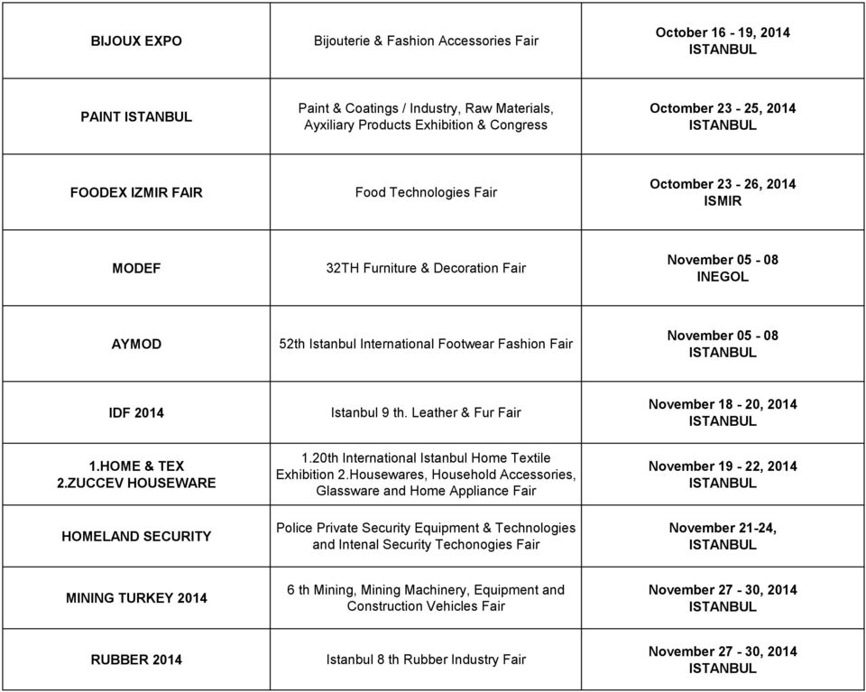 HOME & TEX 2.ZUCCEV HOUSEWARE HOMELAND SECURITY Istanbul 9 th. Leather & Fur Fair 1.20th International Istanbul Home Textile Exhibition 2.