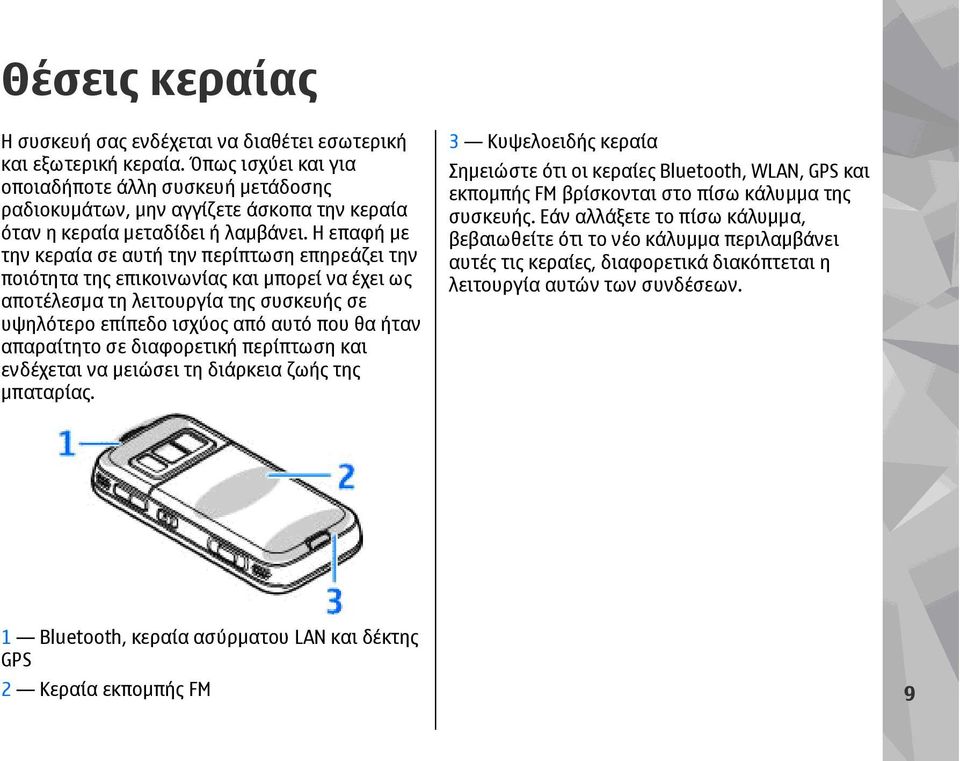 Η επαφή µε την κεραία σε αυτή την περίπτωση επηρεάζει την ποιότητα της επικοινωνίας και µπορεί να έχει ως αποτέλεσµα τη λειτουργία της συσκευής σε υψηλότερο επίπεδο ισχύος από αυτό που θα ήταν