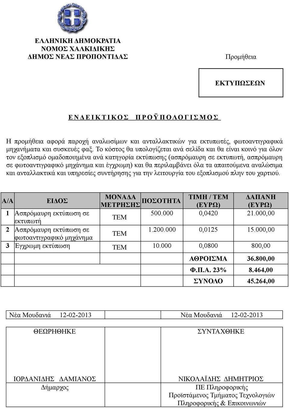Το κόστος θα υπολογίζεται ανά σελίδα και θα είναι κοινό για όλον τον εξοπλισμό ομαδοποιημένα ανά κατηγορία εκτύπωσης (ασπρόμαυρη σε εκτυπωτή, ασπρόμαυρη σε φωτοαντιγραφικό μηχάνημα και έγχρωμη) και