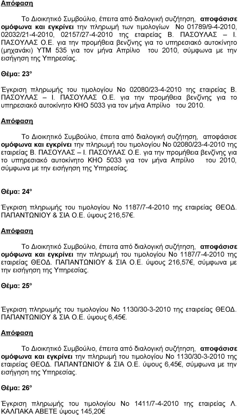 ΠΑΣΟΥΛΑΣ Ι. ΠΑΣΟΥΛΑΣ Ο.Ε. για την προμήθεια βενζίνης για το υπηρεσιακό αυτοκίνητο ΚΗΟ 5033 για τον μήνα Απρίλιο του 2010.